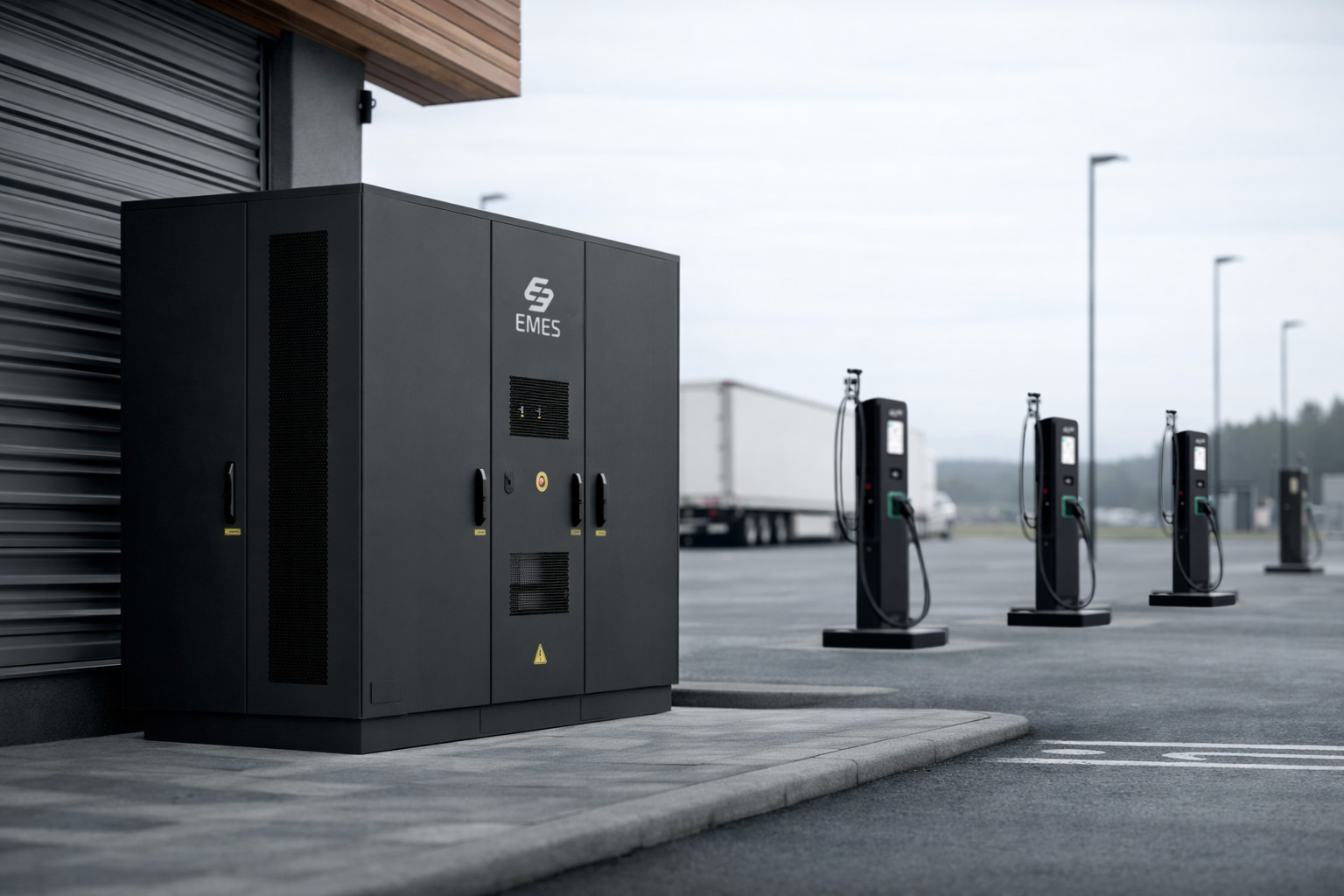 Elektrisk tungbil koblet til ladestasjon på et depot